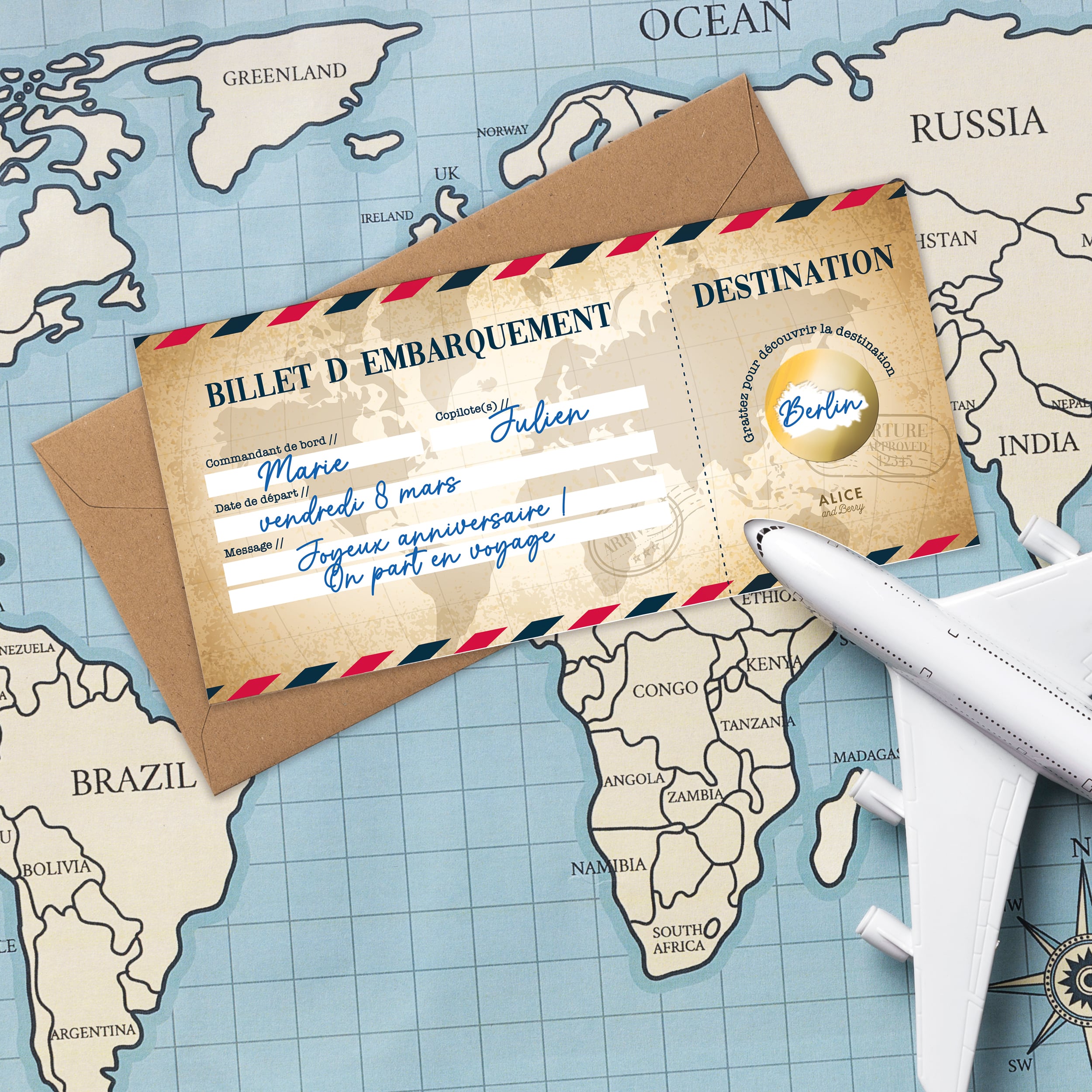 Carte à gratter Voyage Surprise - Billet Avion Personnalisable - Cadeau