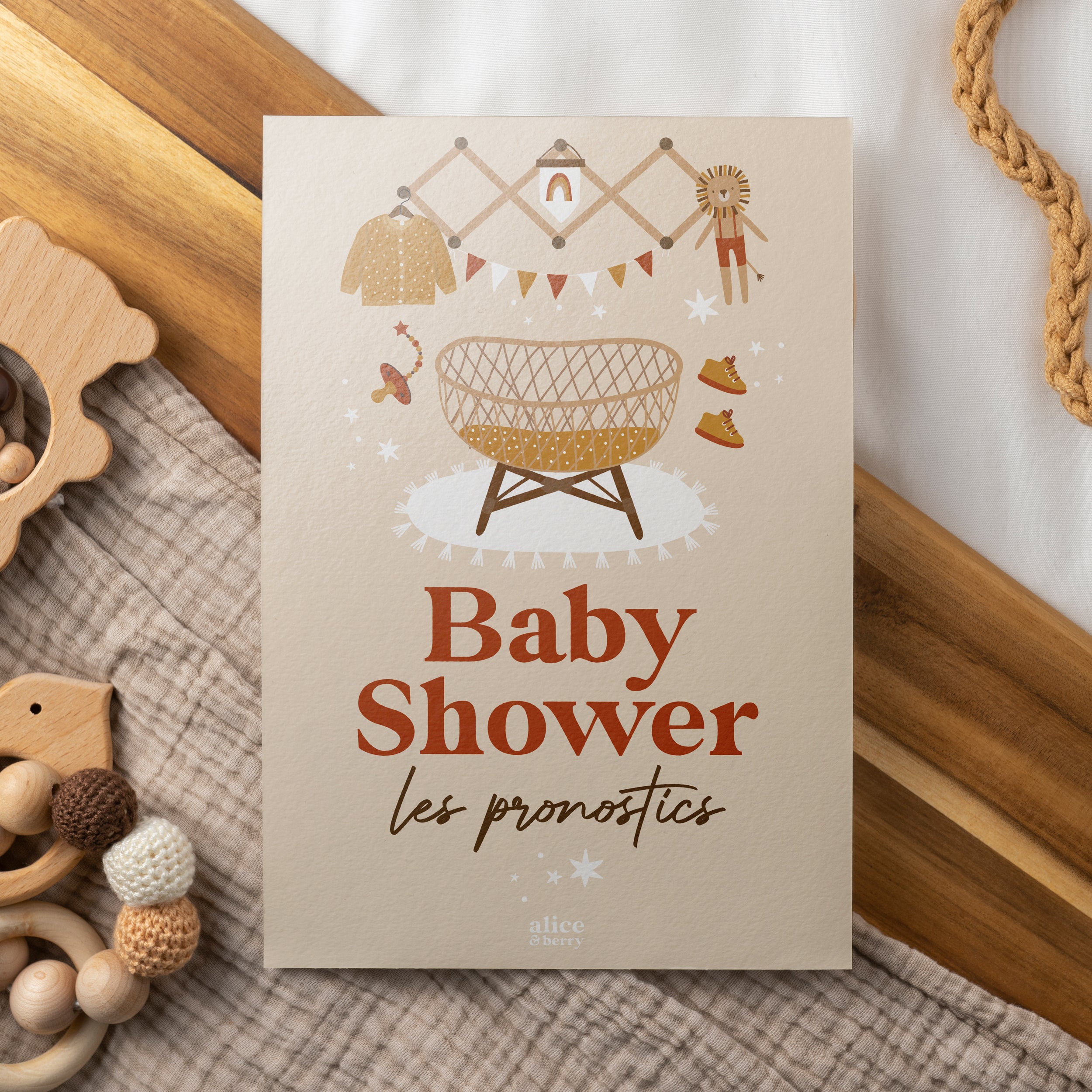 Cartes pronostics Baby Shower en français couleur Terracotta