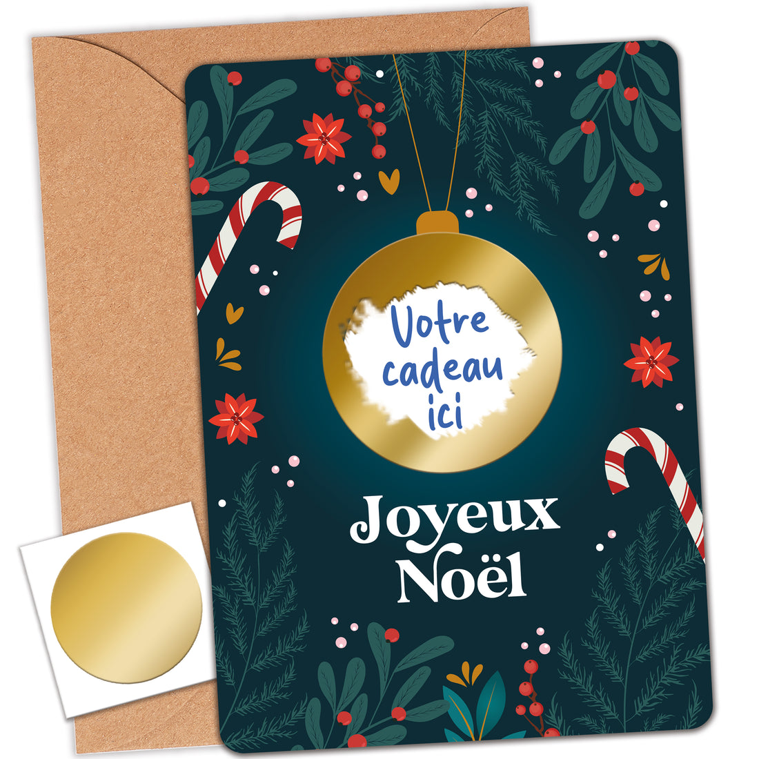 Carte à gratter Noël bleue personnalisable avec pastille dorée