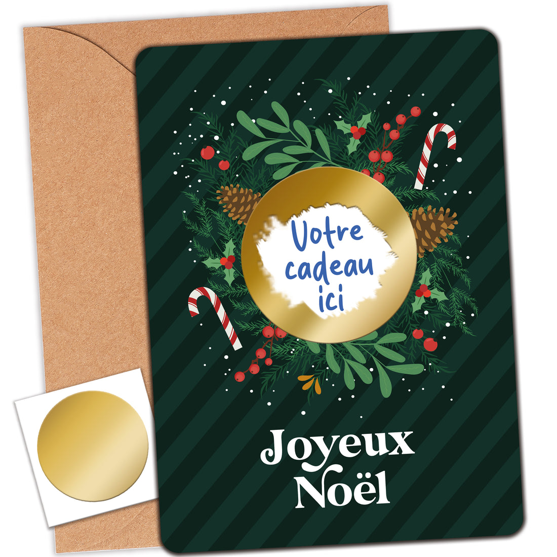 Carte à gratter Noël verte personnalisable avec pastille dorée