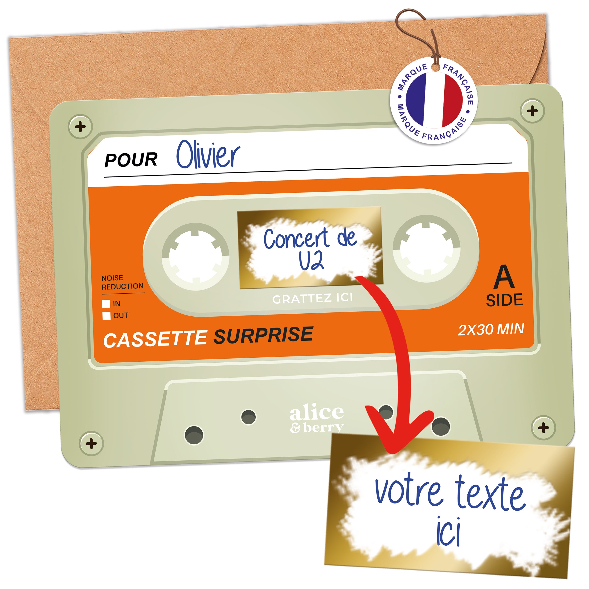Carte à Gratter Cadeau | Surprise Personnalisable Cassette audio rétro - Beige