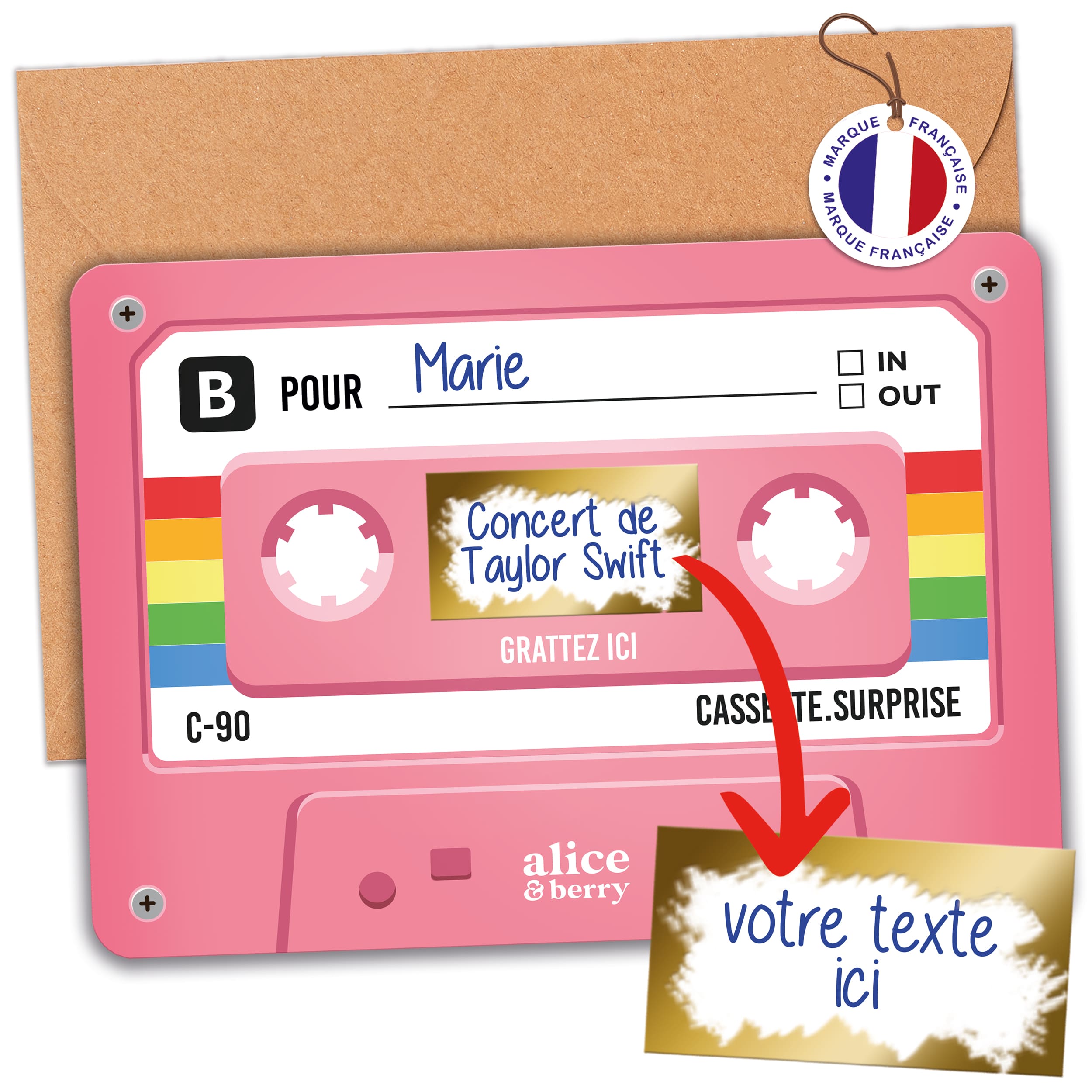 Carte à Gratter Cadeau | Surprise Personnalisable Cassette audio rétro - Rose