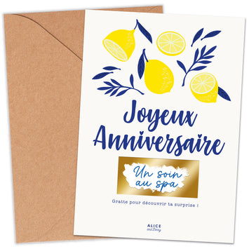 Carte à gratter FP citron anniversaire design méditerranéen joyeux