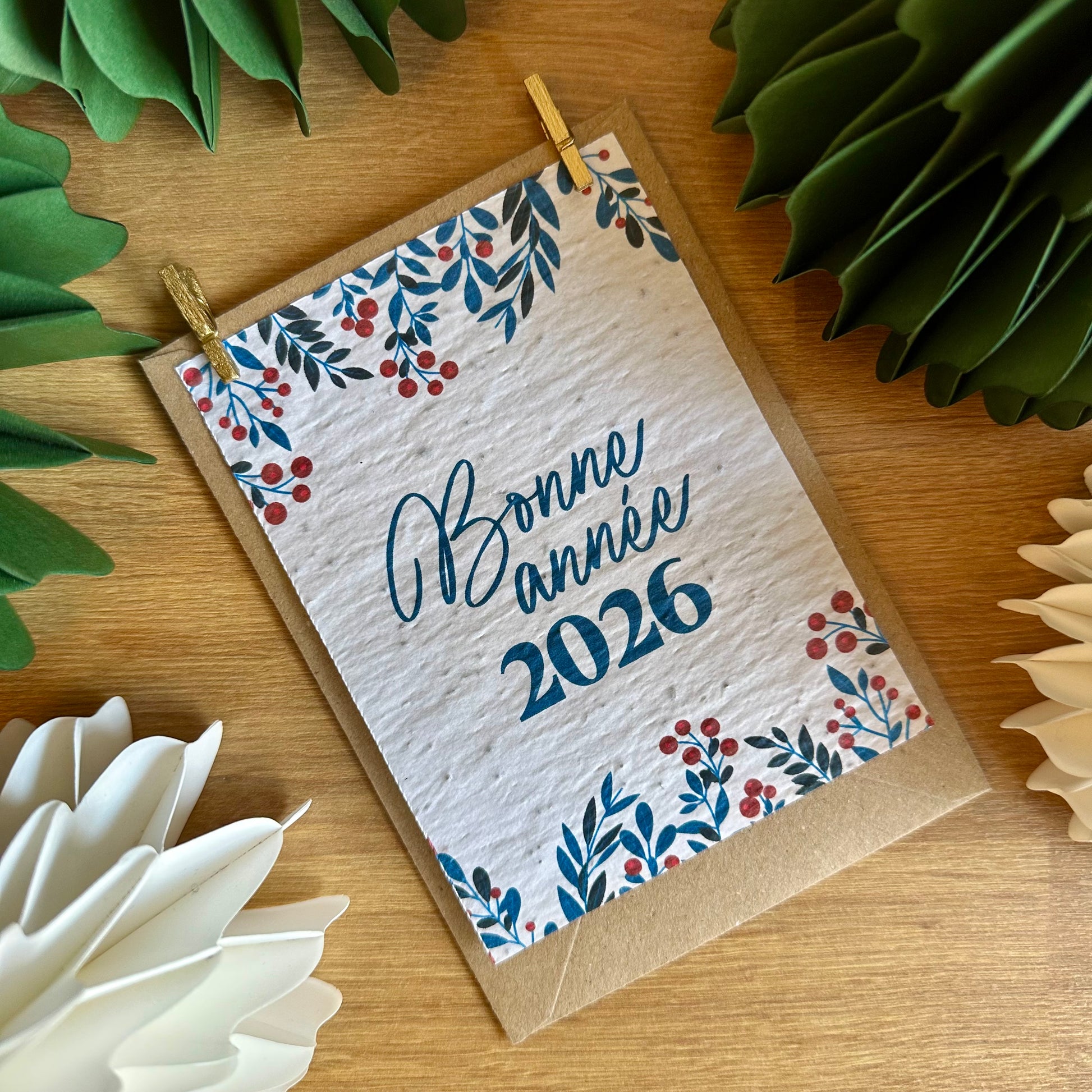 Carte à planter bonne année avec graines fleurs sauvages et enveloppe kraft