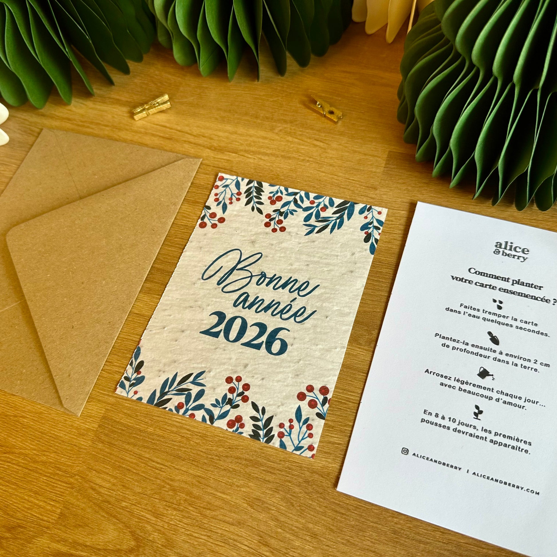 Carte ensemencée bonne année avec enveloppe kraft naturelle