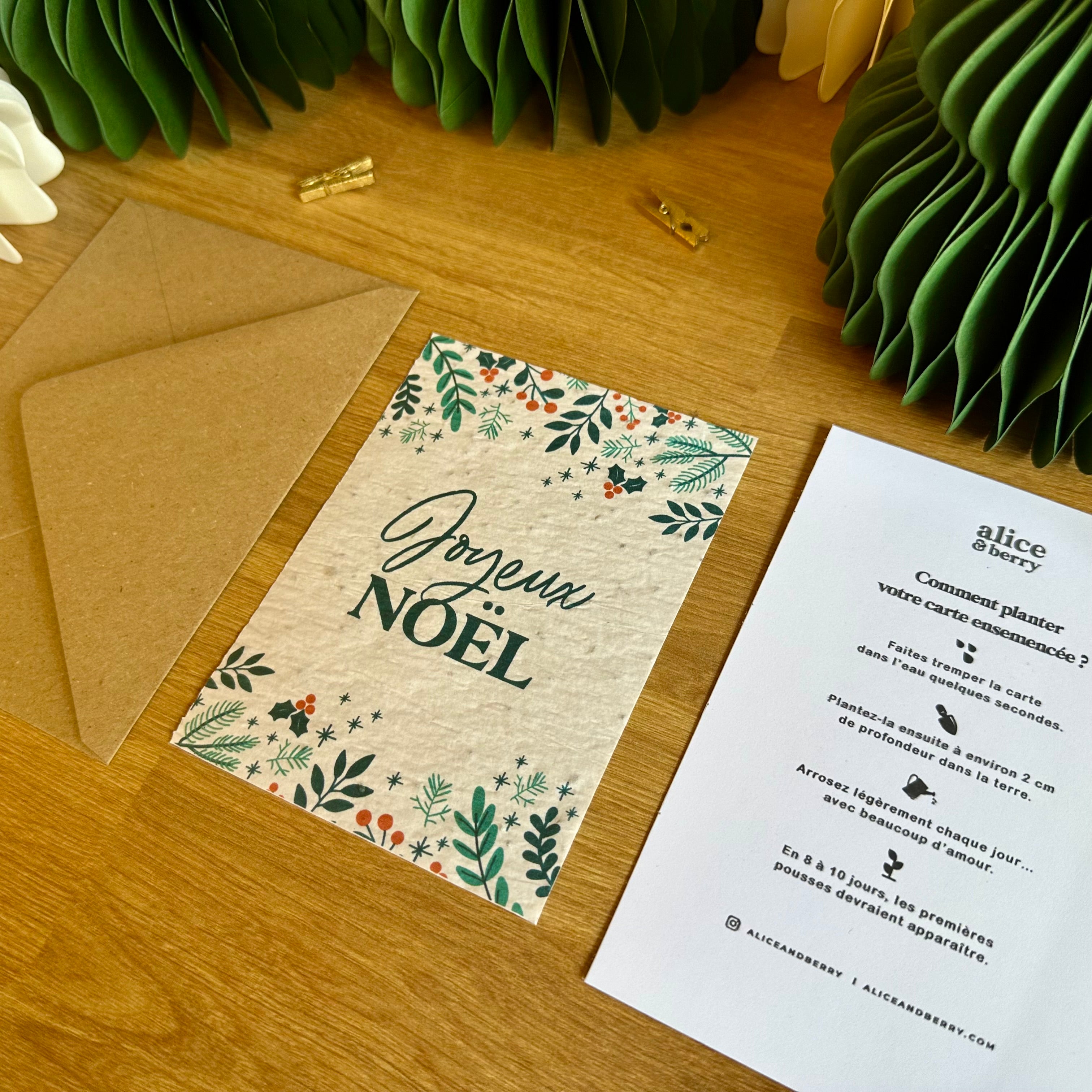 Carte ensemencée Joyeux Noël posée avec décor hivernal