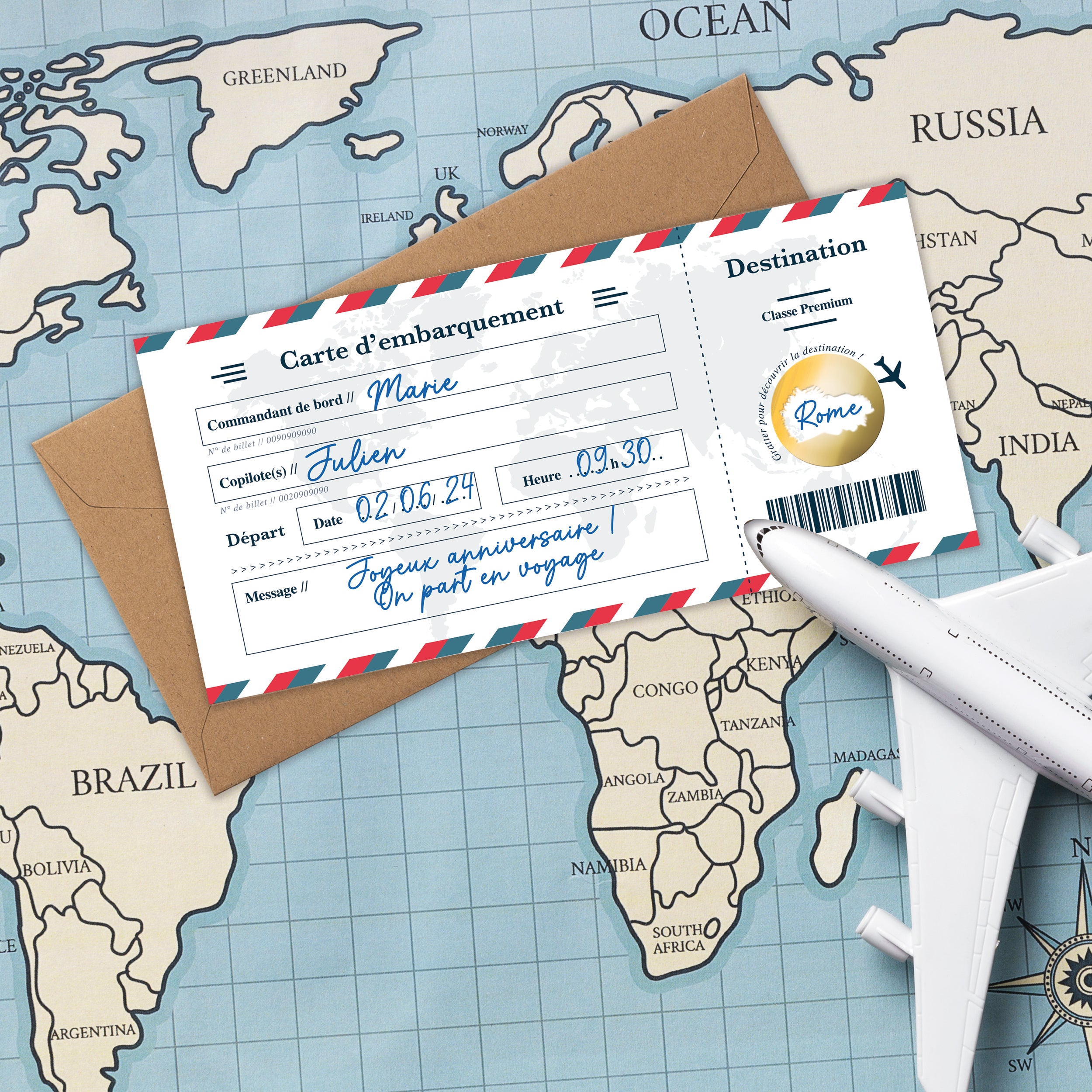Carte à Gratter Voyage Surprise | Billet d’avion Personnalisable  - Blanc