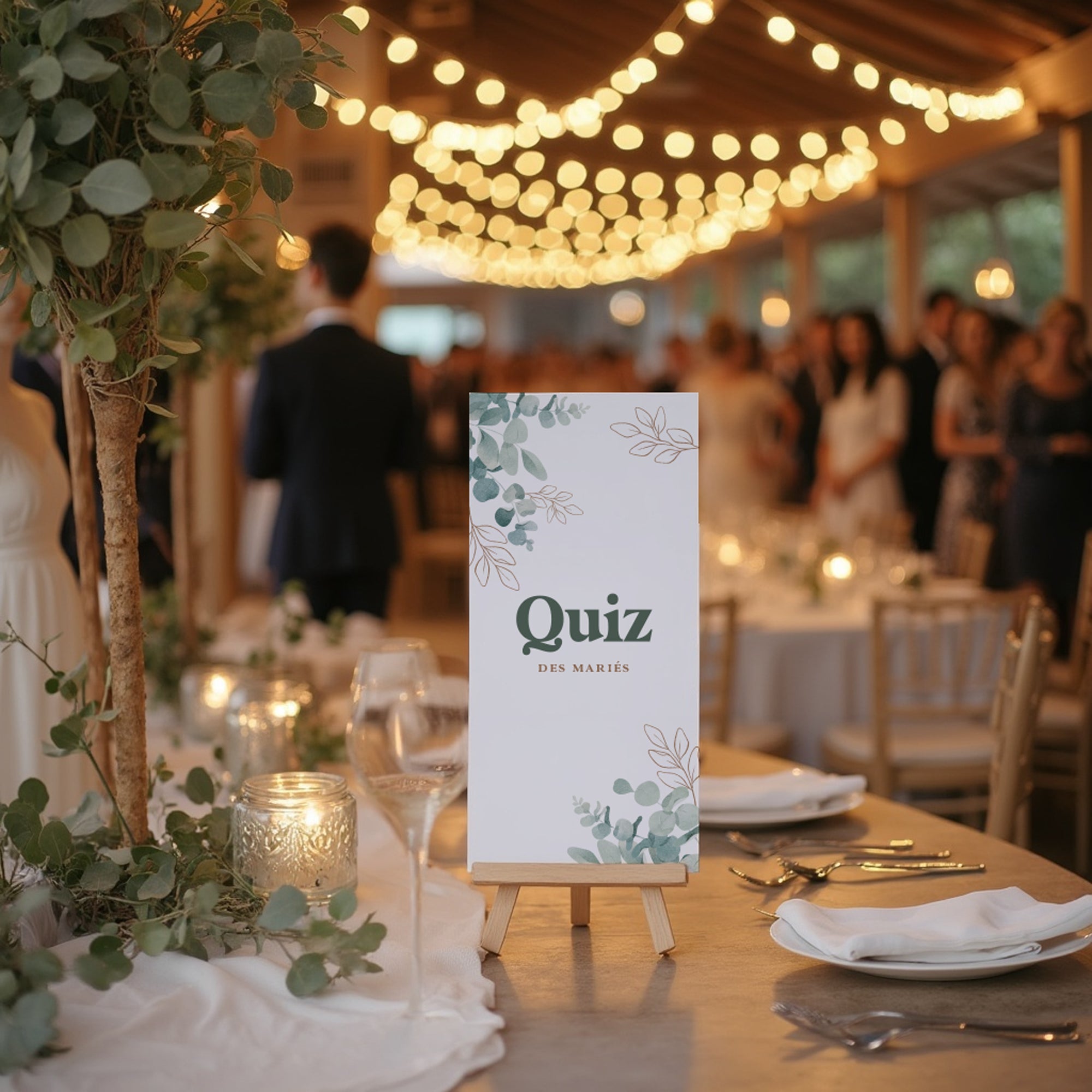 Quiz des mariés – 50 cartes jeu mariage eucalyptus pour invités