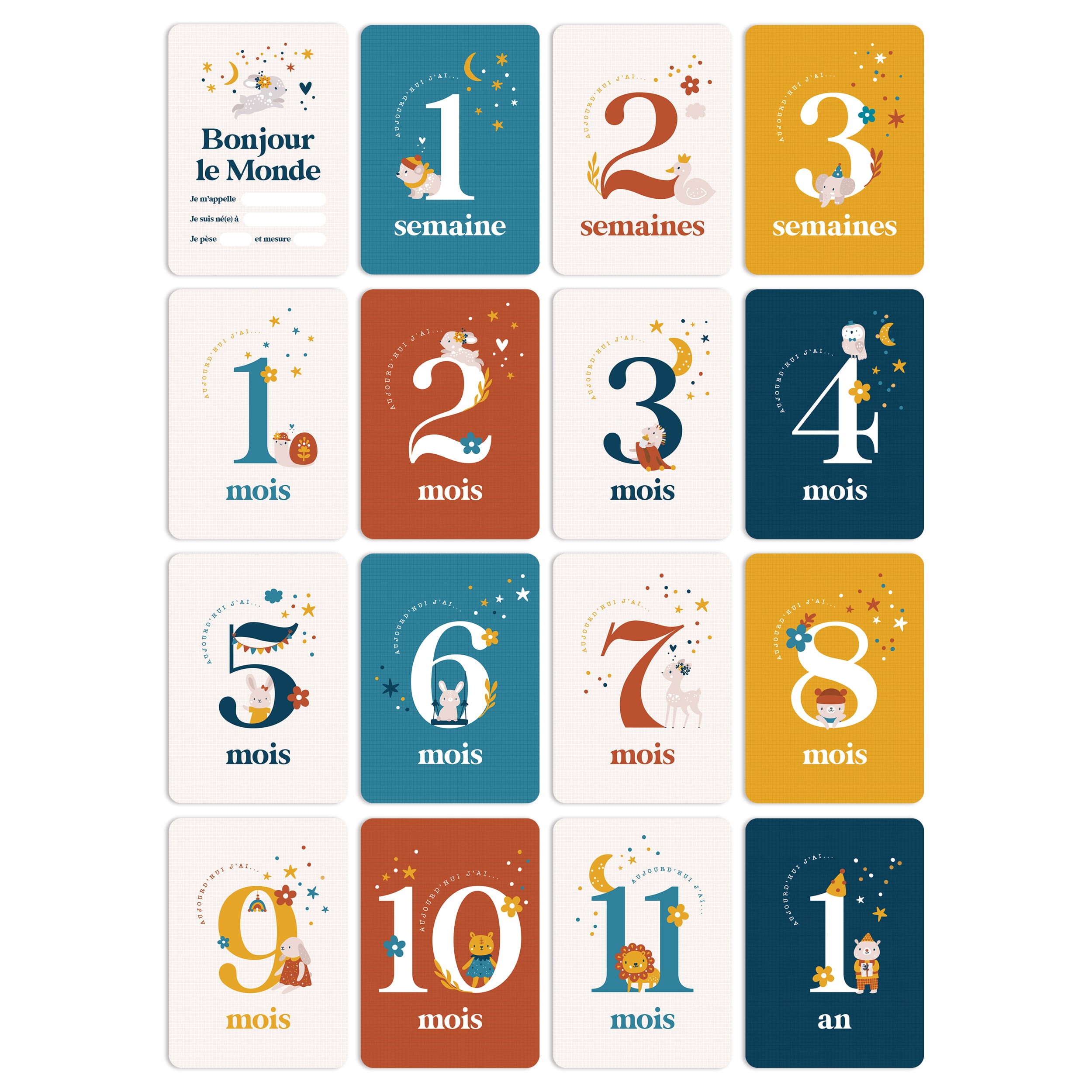 Cartes Moiniversaires Bébé | Moisiversaire de 1 à 12 Mois (16 cartes)