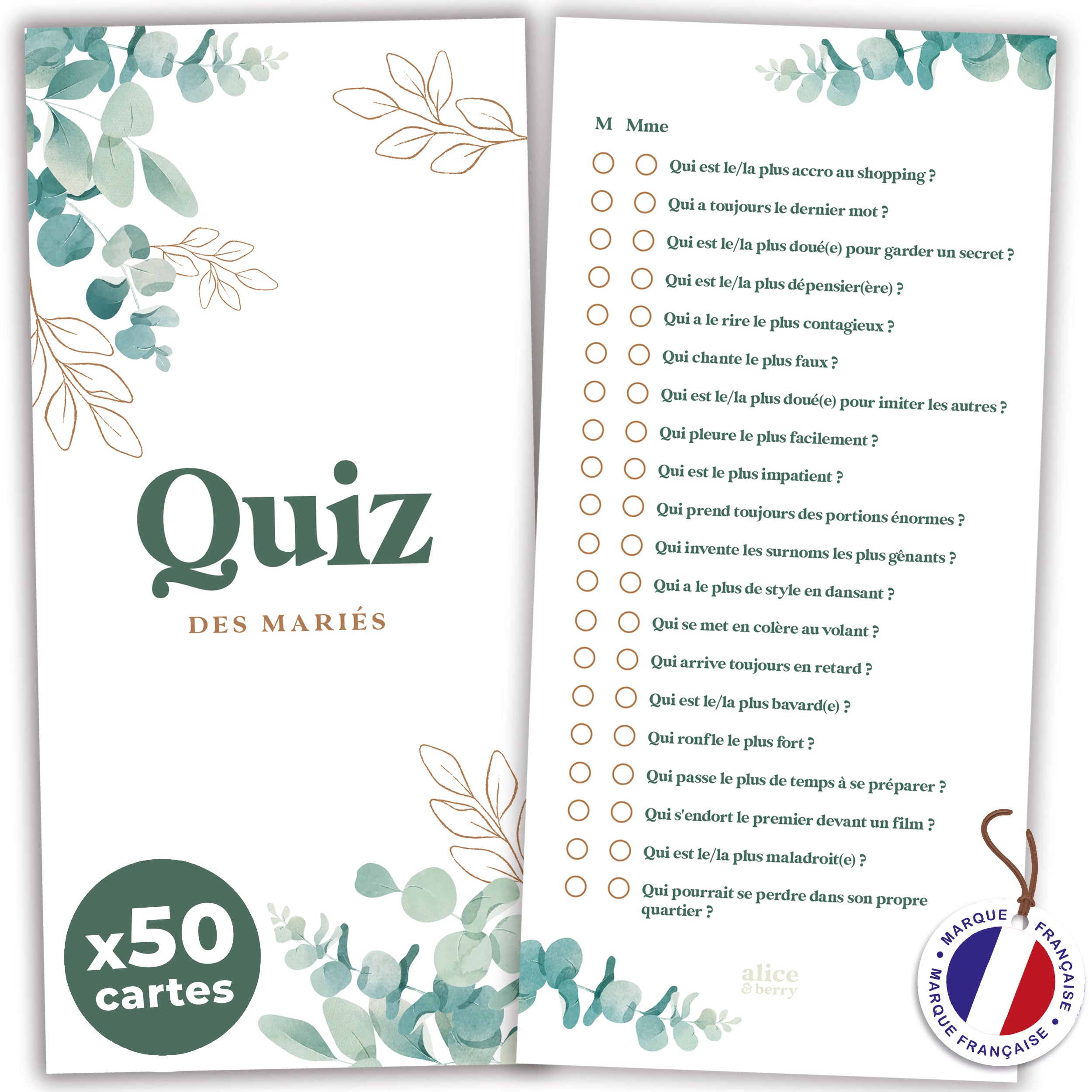 Quiz des mariés – 50 cartes jeu mariage eucalyptus pour invités