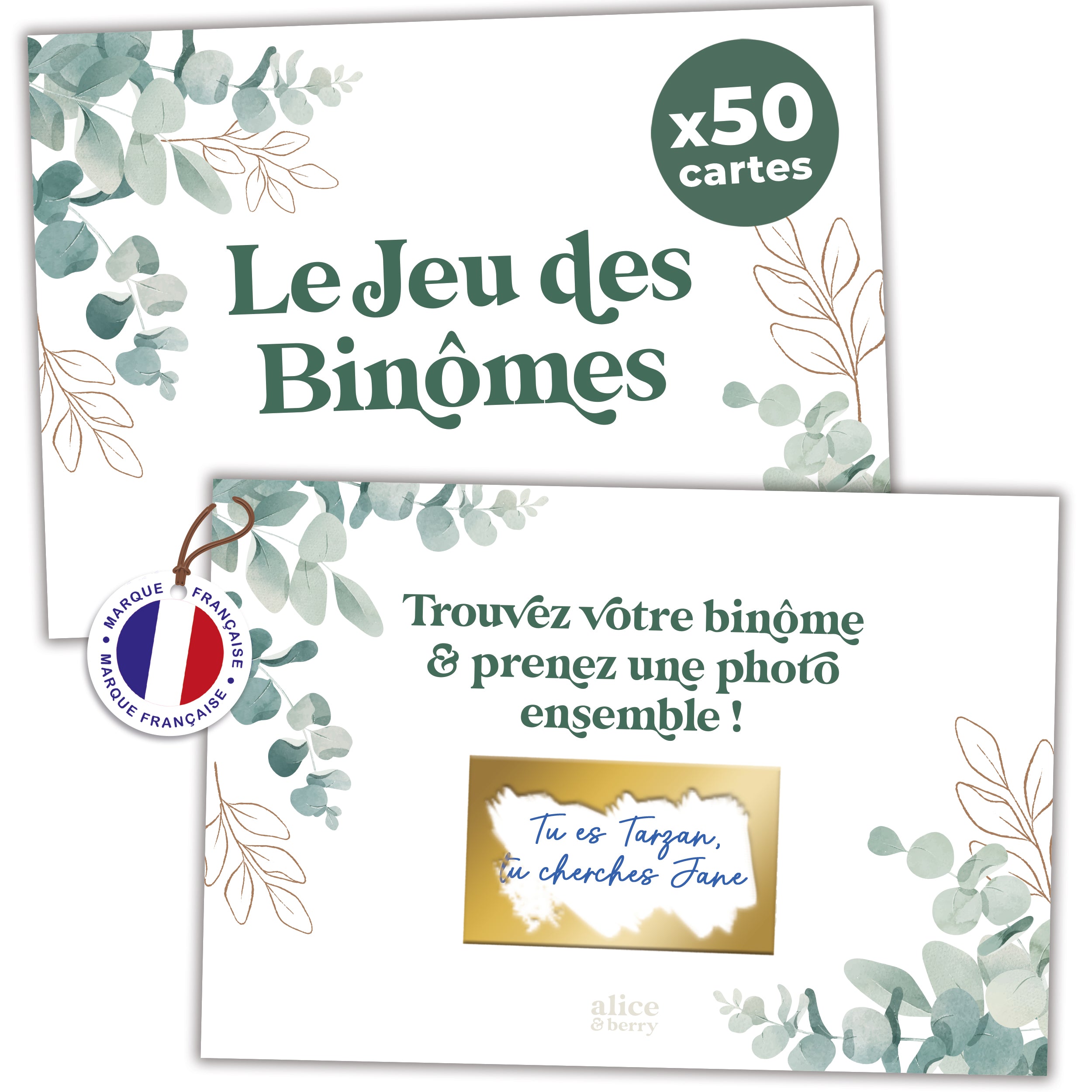 Jeu binômes mariage eucalyptus – 50 cartes à gratter photobooth