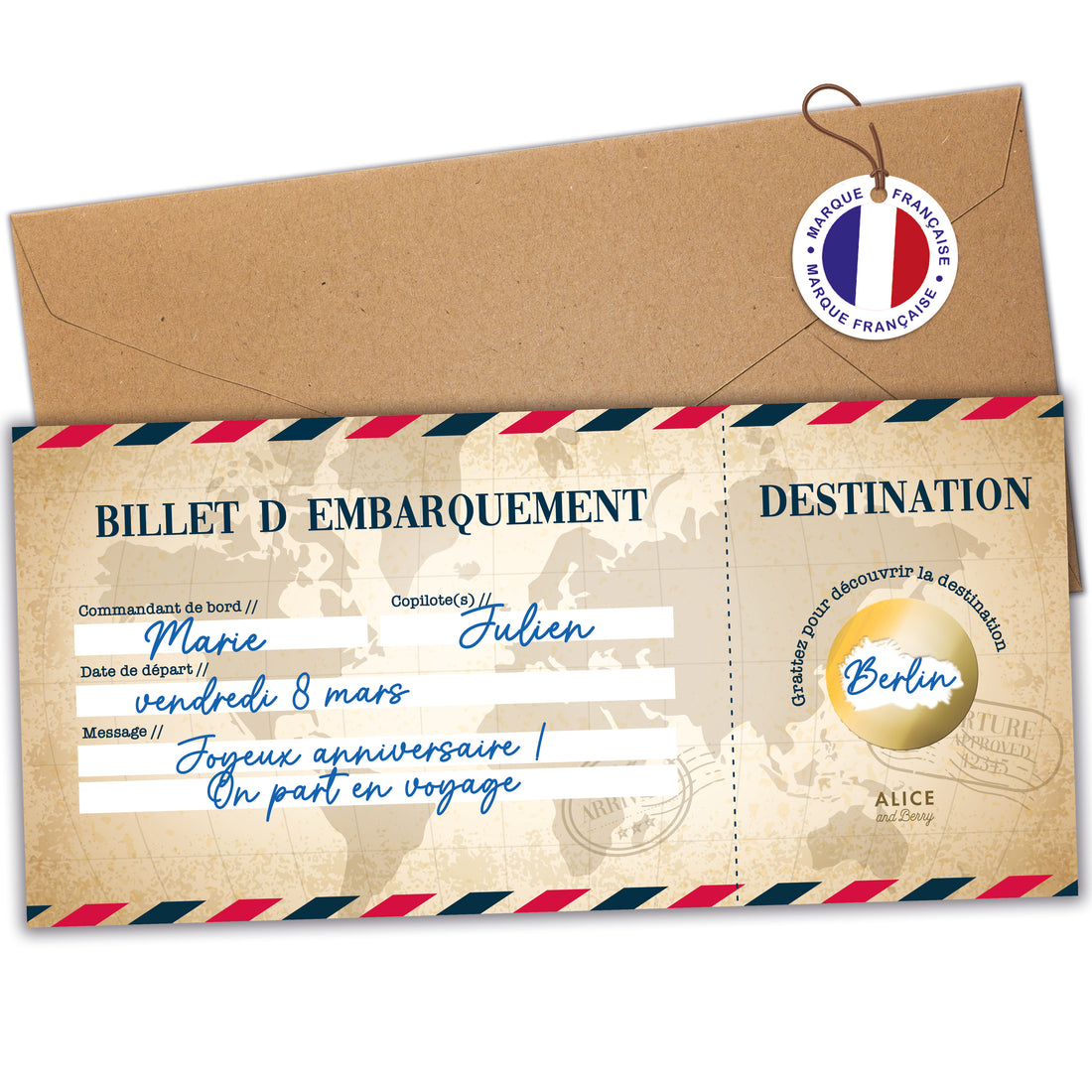 Carte à gratter billet d'avion voyage surprise design vintage avec pastille dorée