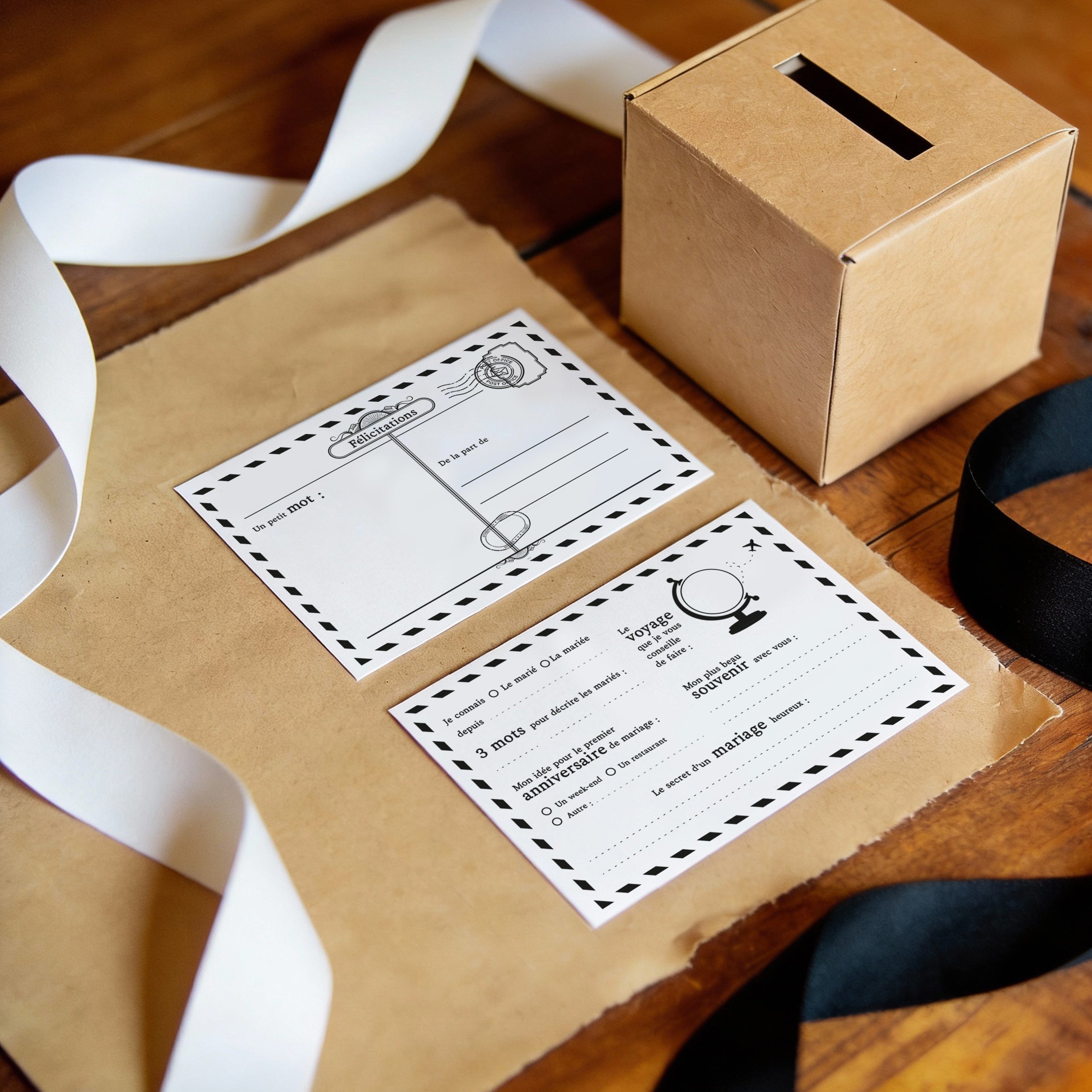 Invité mariage remplissant sa carte livre d'or à table
