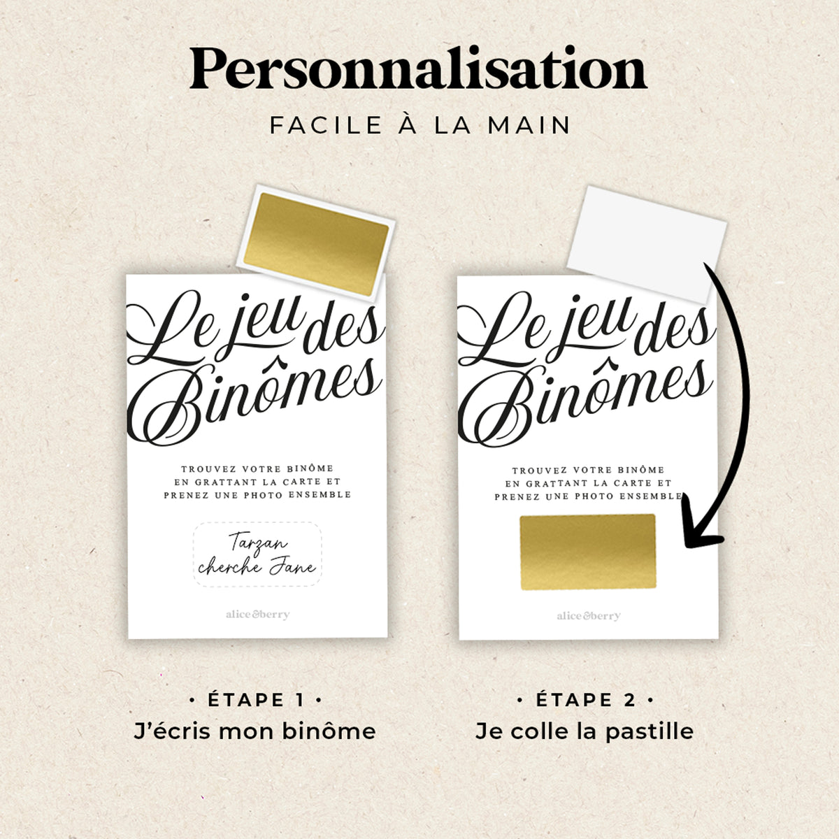 Jeu binômes mariage noir et blanc – Cartes à gratter nominatives