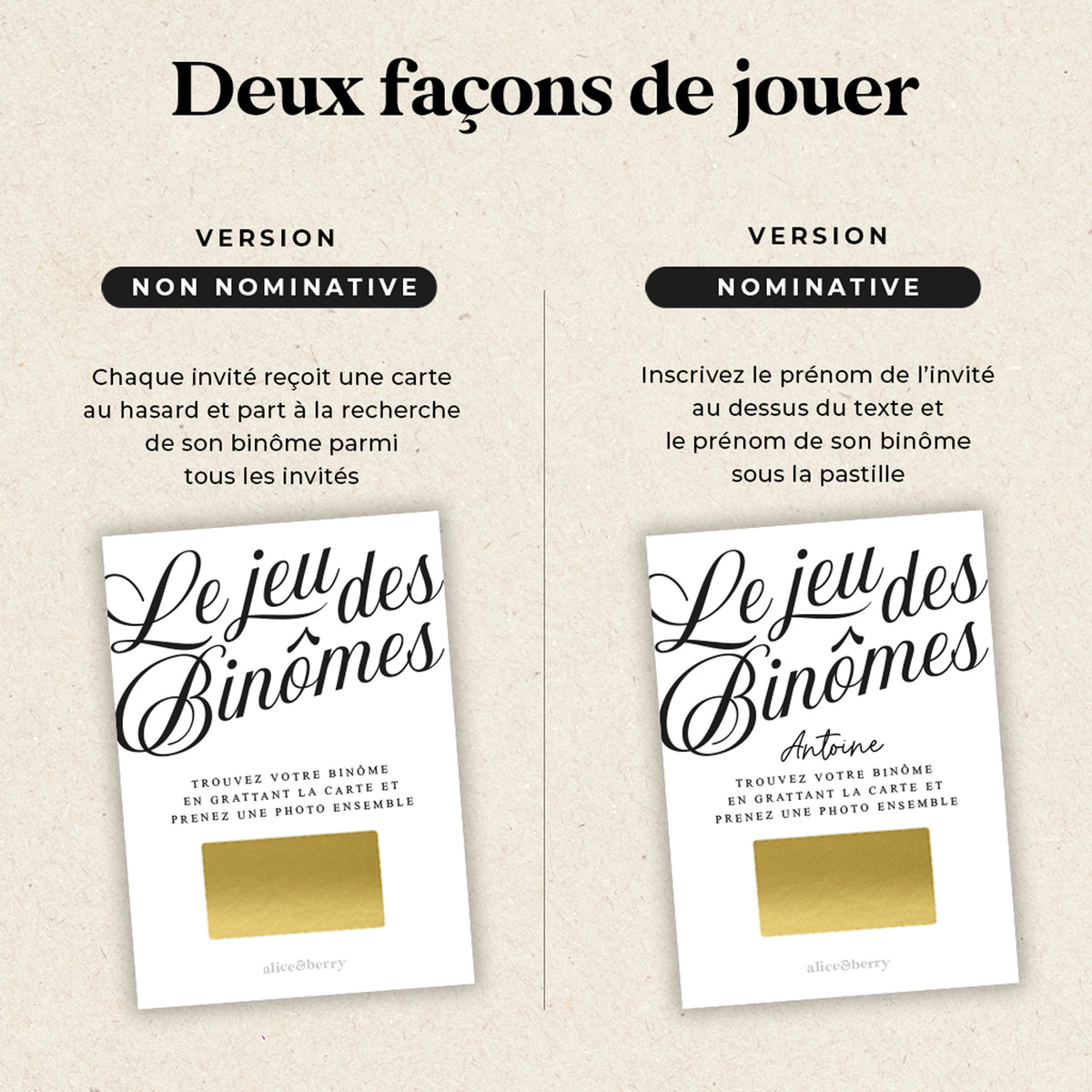 Jeu binômes mariage noir et blanc – Cartes à gratter nominatives