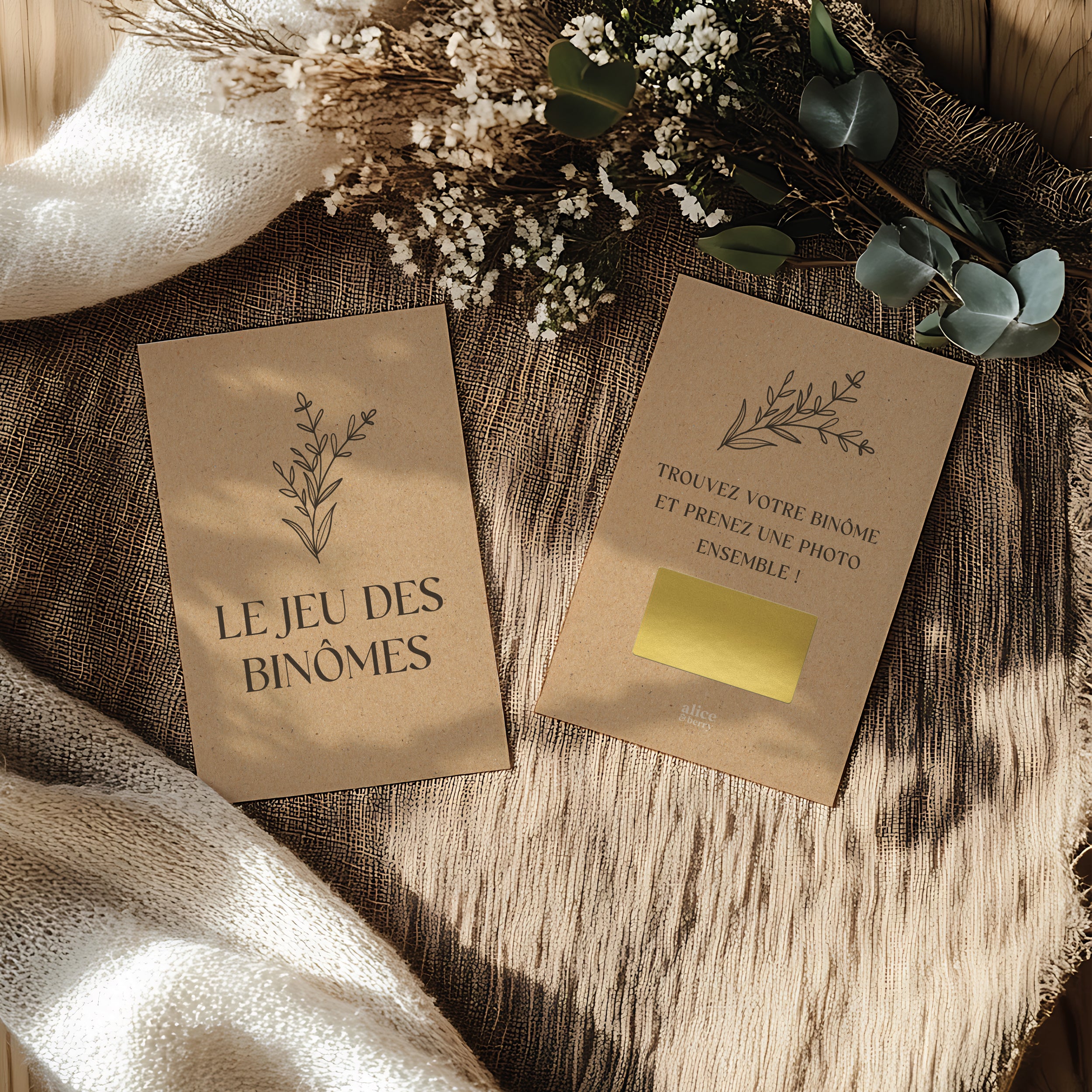 Jeu binômes mariage à gratter – 50 cartes kraft pour photobooth