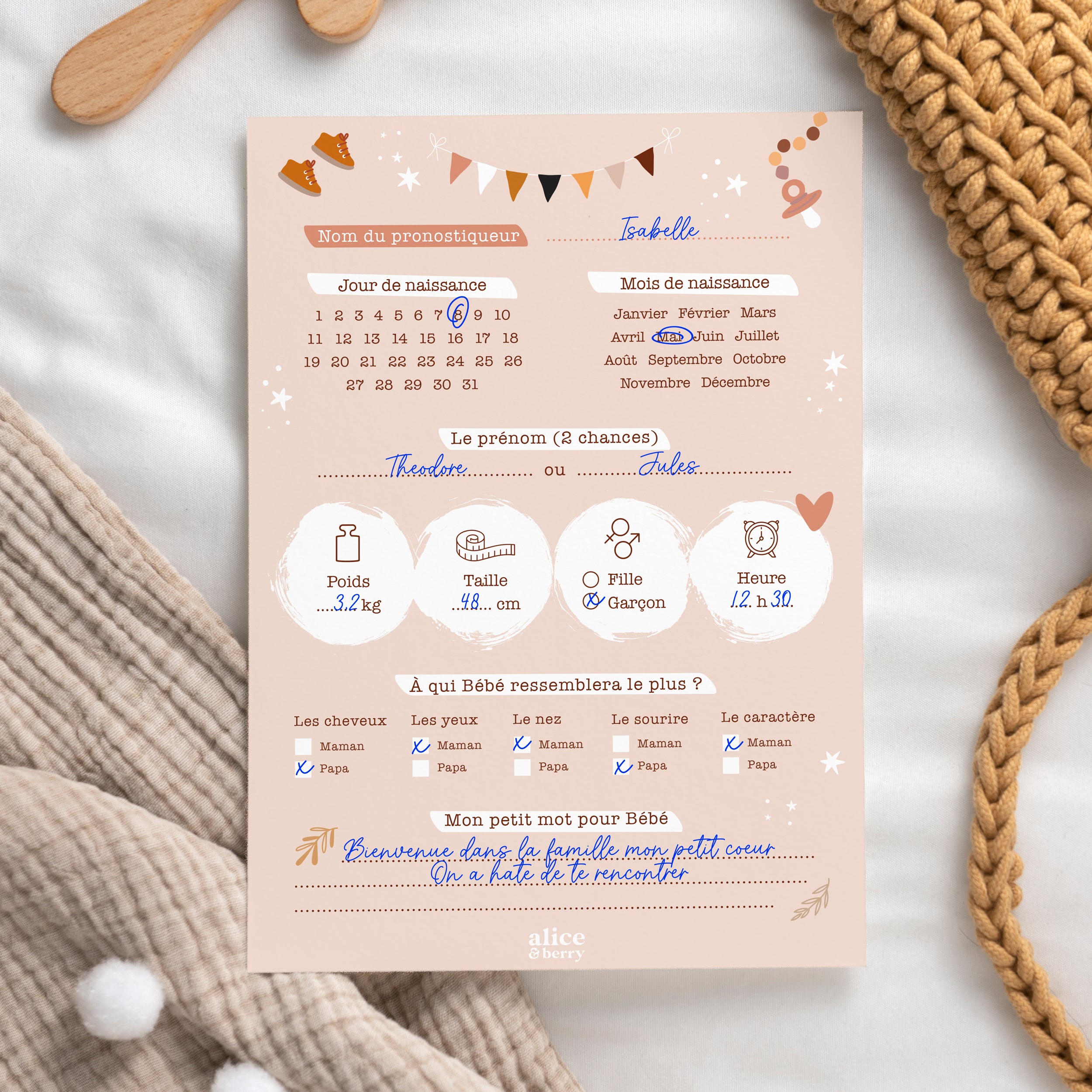 Cartes pronostics Baby Shower en français couleur Poudre