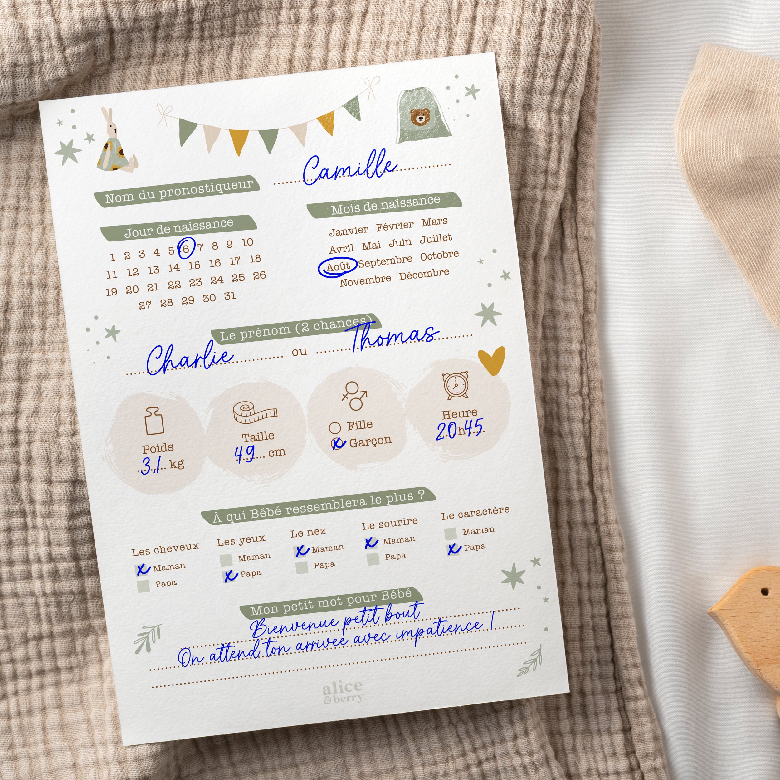 Cartes pronostics Baby Shower en français couleur Olive