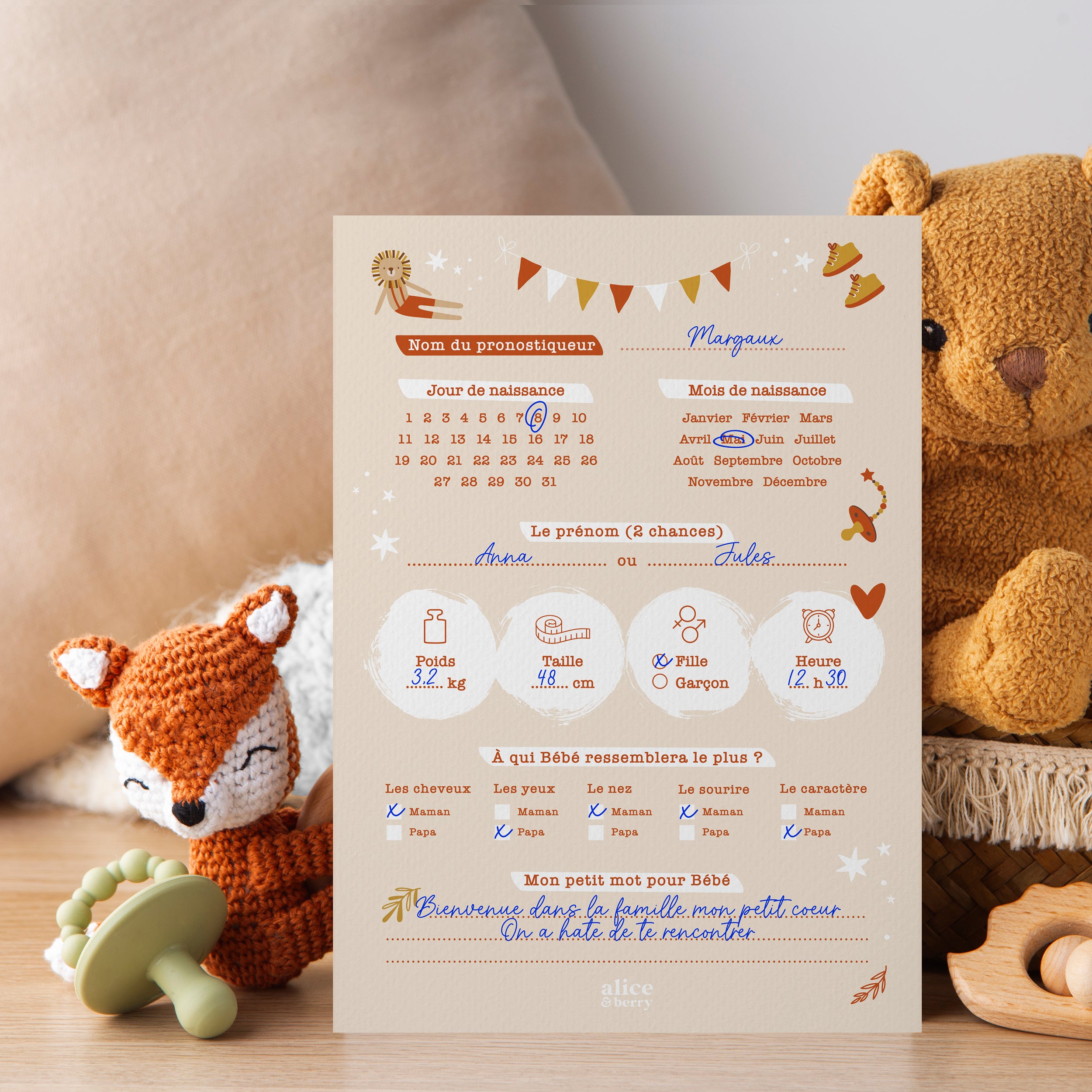 Cartes pronostics Baby Shower en français couleur Terracotta