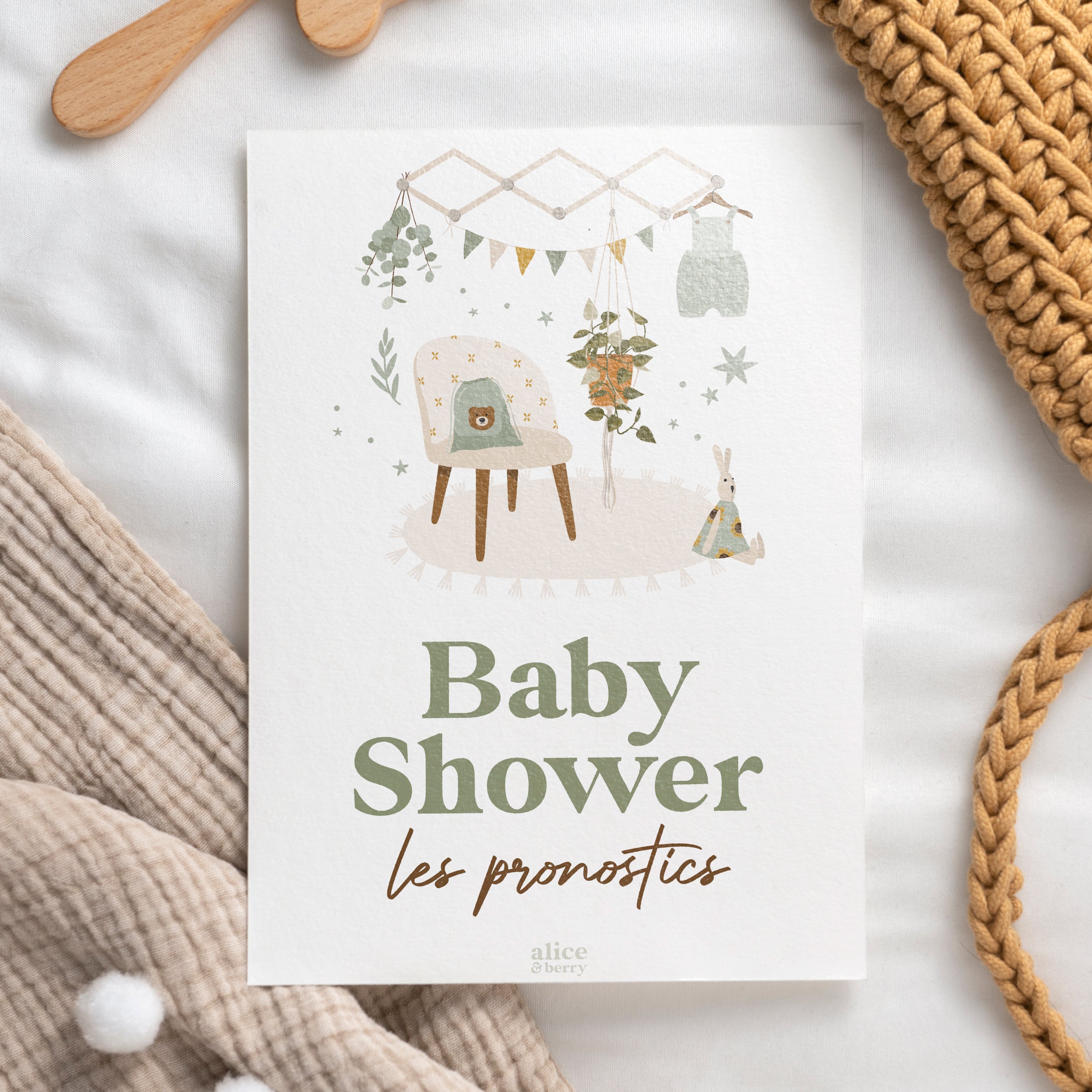 Cartes pronostics Baby Shower en français couleur Olive