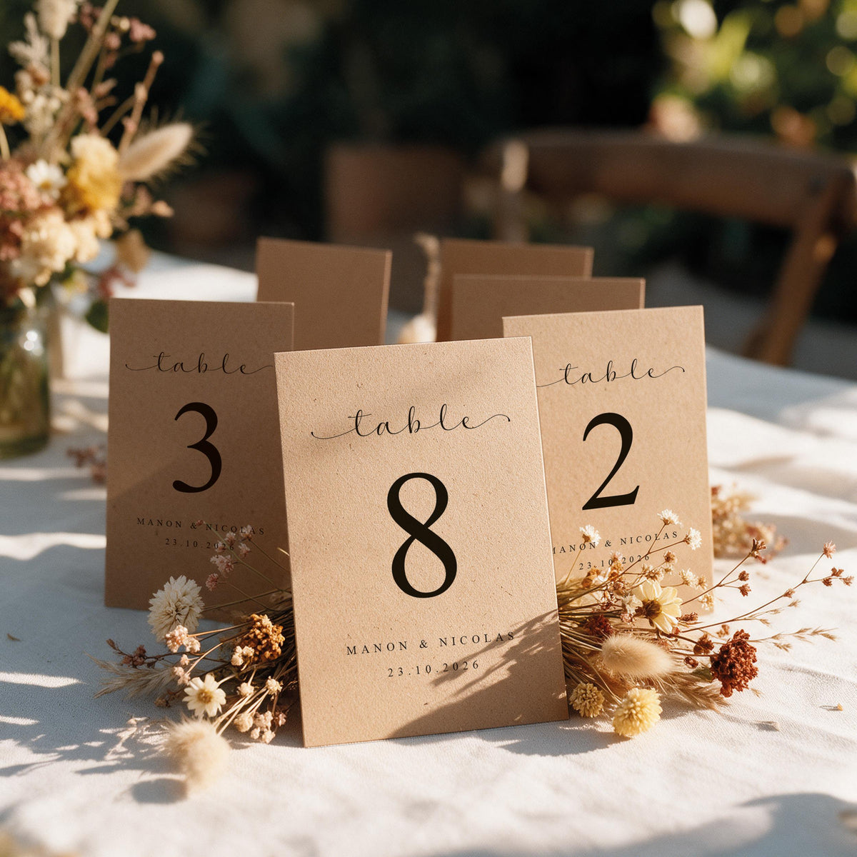 Cartes numéros de table mariage kraft personnalisées