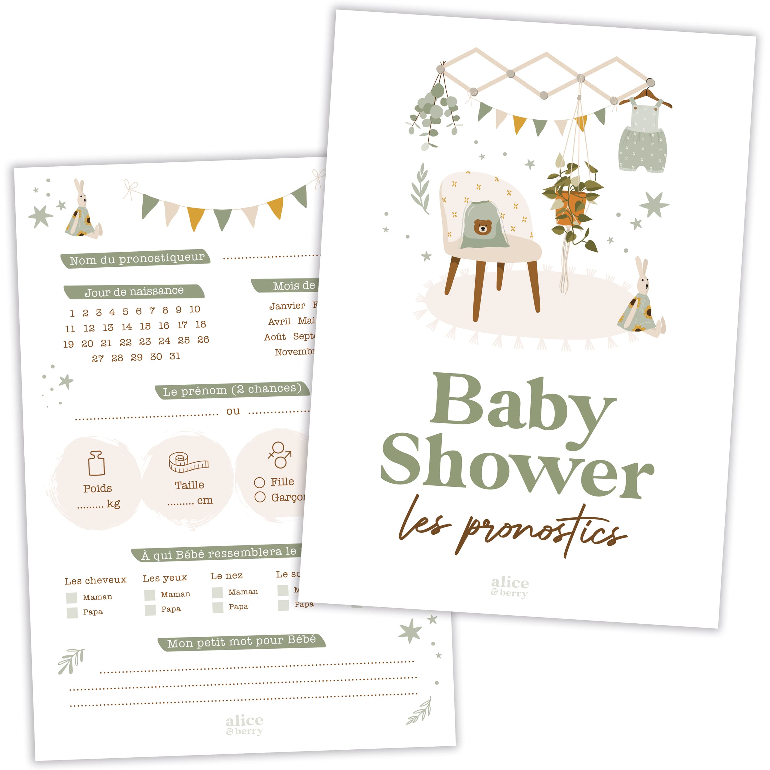 Cartes pronostics Baby Shower en français couleur Olive