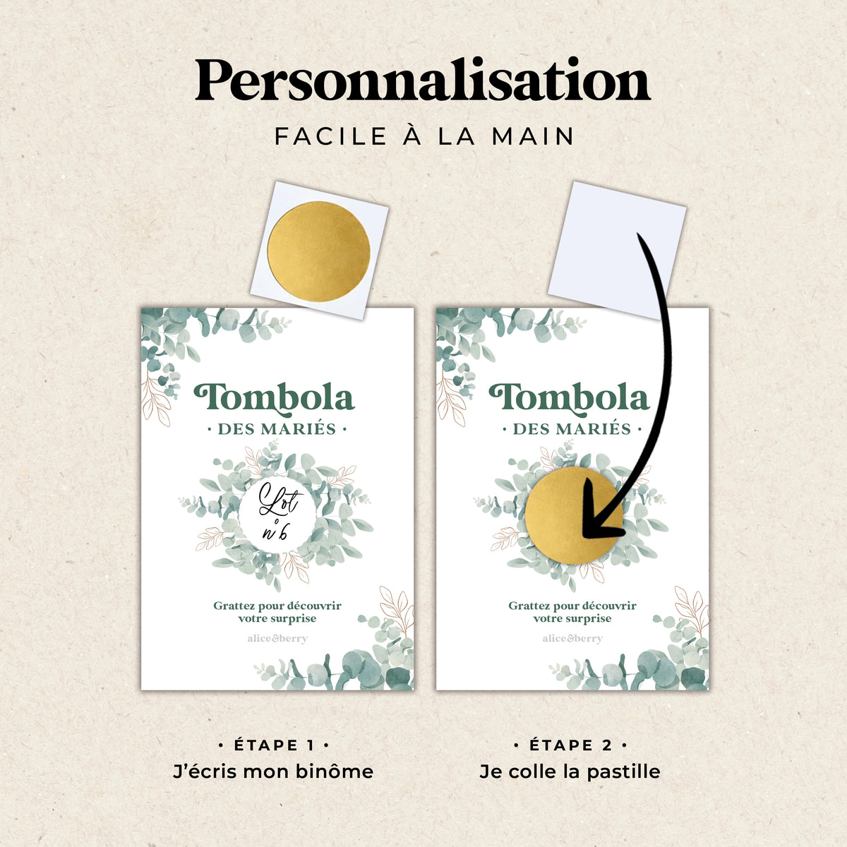 Tombola des mariés eucalyptus à gratter – Cartes personnalisables pour mariage champêtre