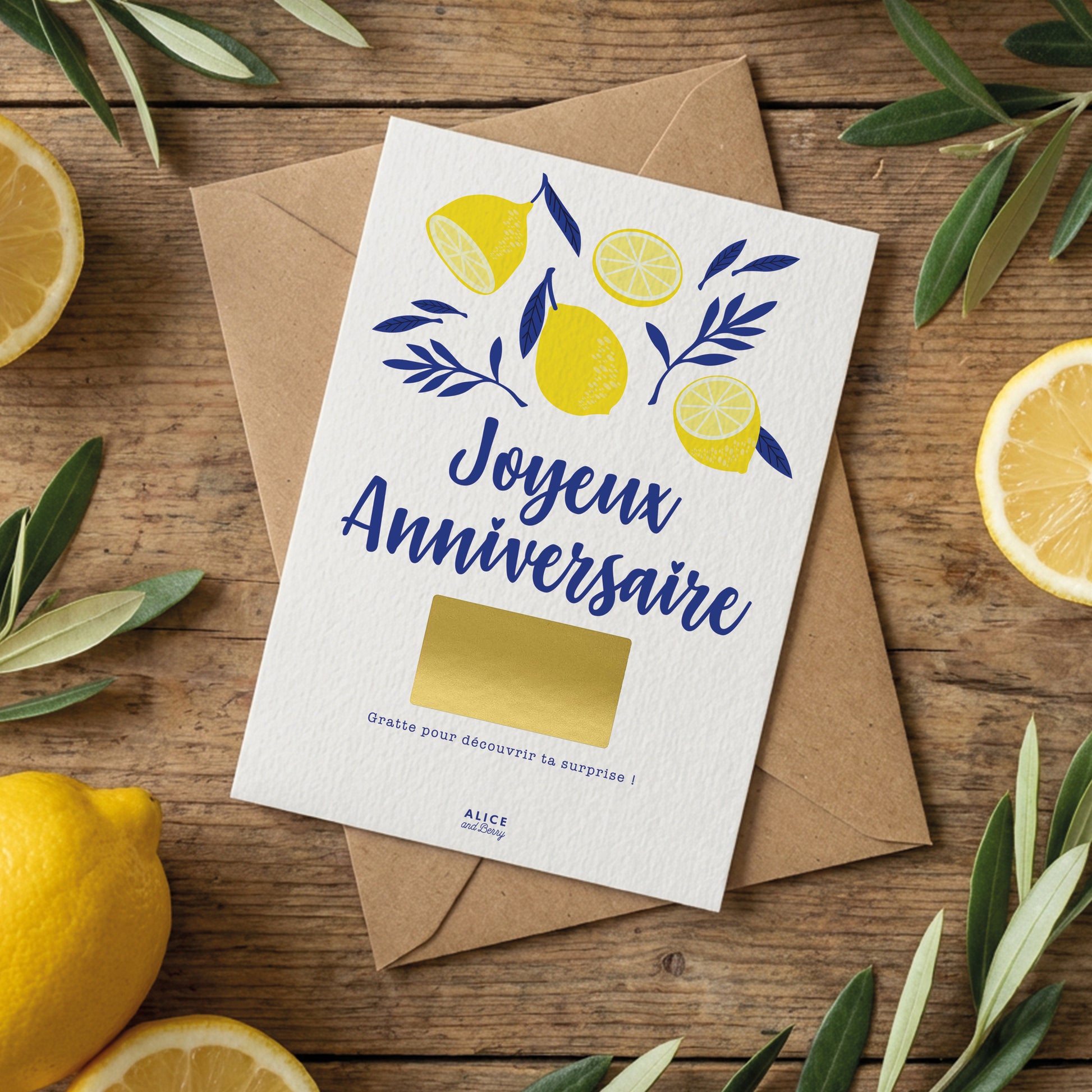 Carte citron avec enveloppe kraft et pastille à gratter incluses