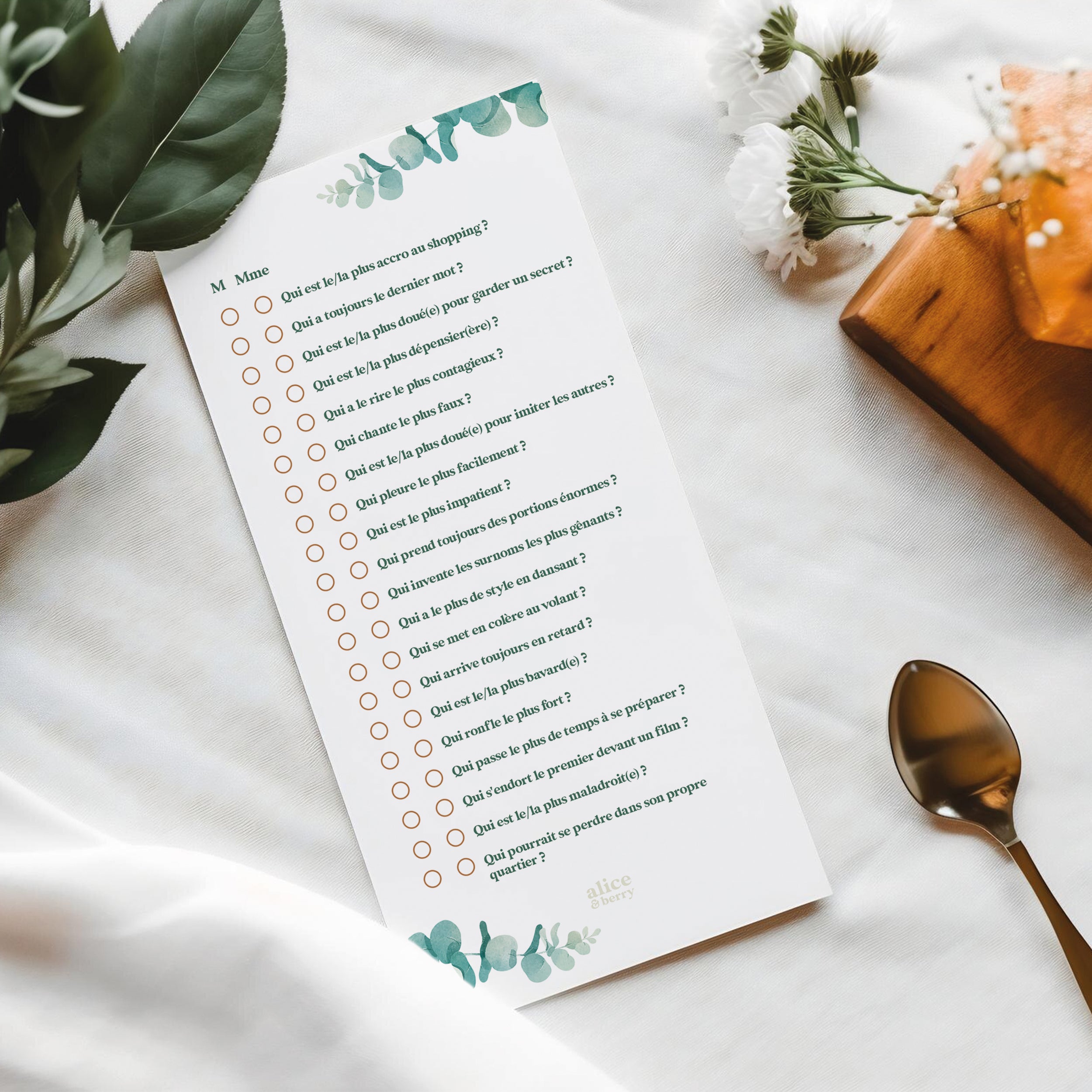 Quiz des mariés – 50 cartes jeu mariage eucalyptus pour invités