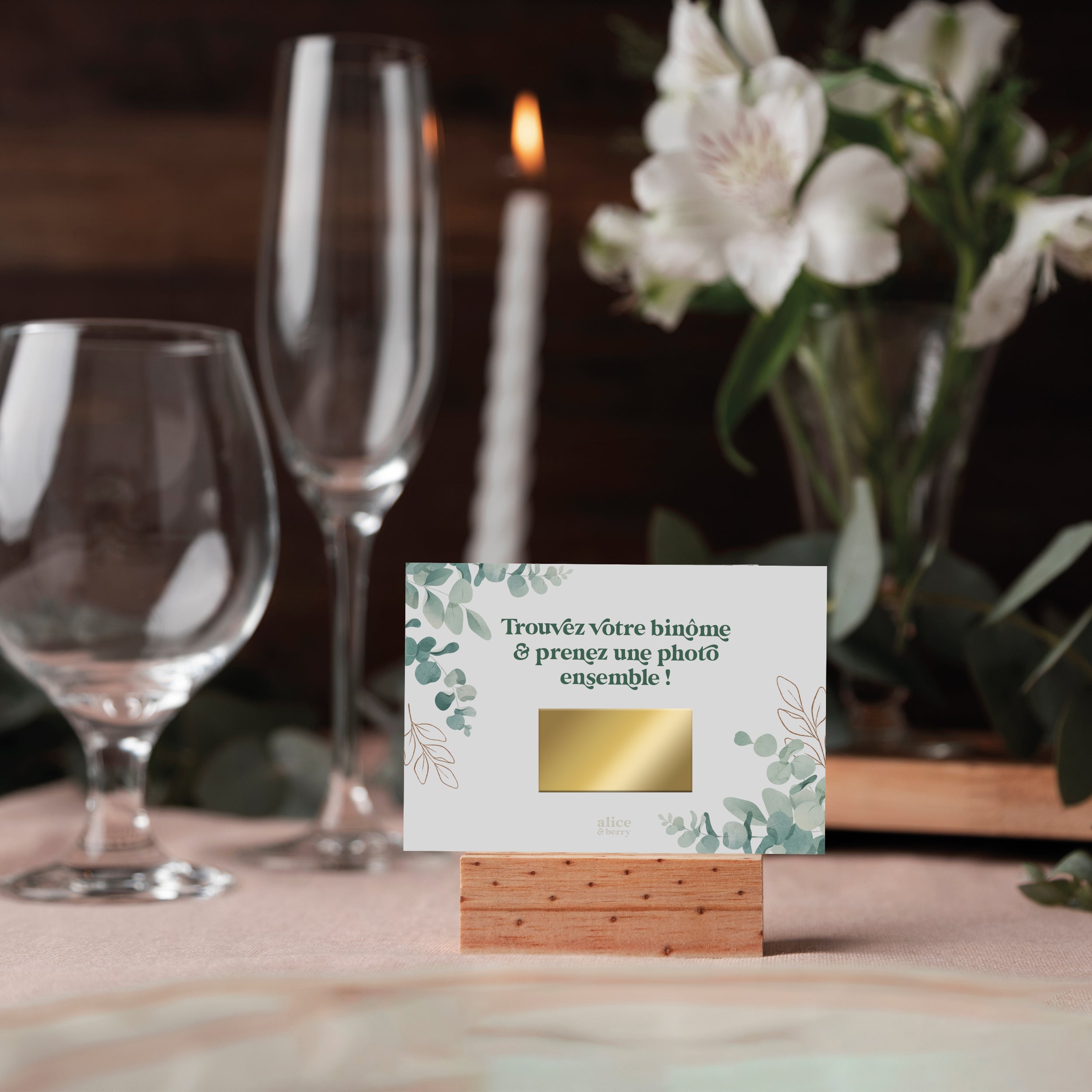 Jeu binômes mariage eucalyptus – 50 cartes à gratter photobooth