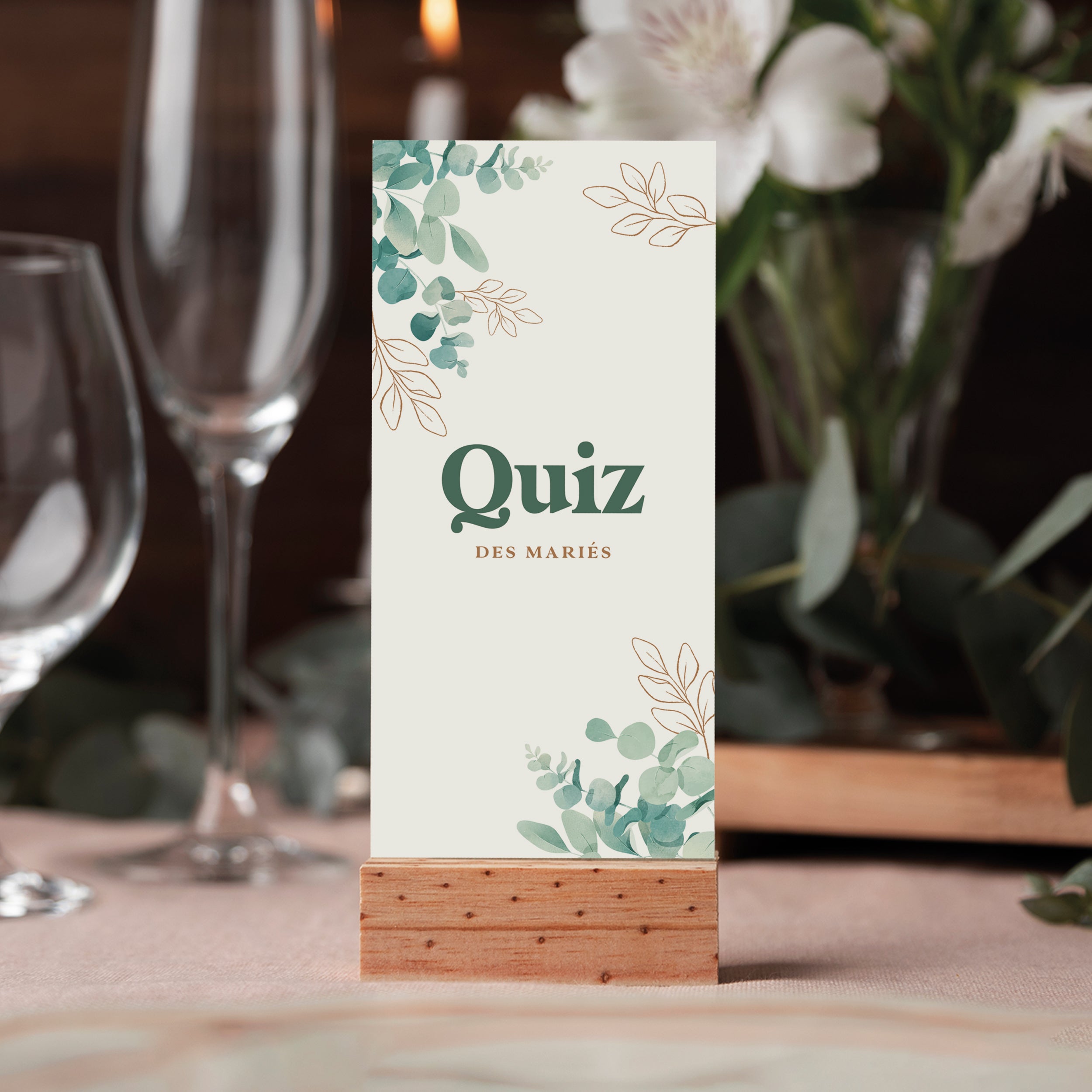 Quiz des mariés – 50 cartes jeu mariage eucalyptus pour invités
