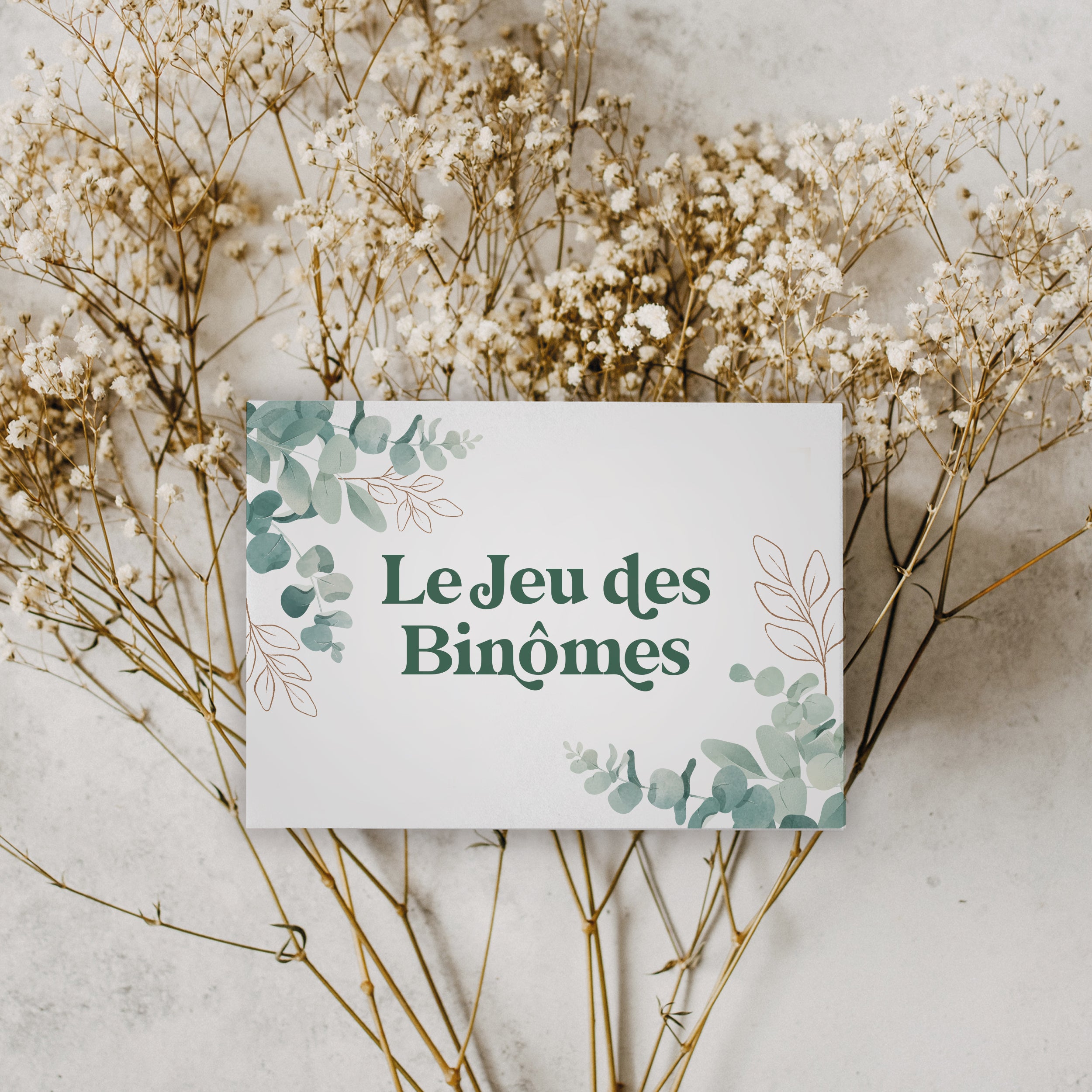 Jeu binômes mariage eucalyptus – 50 cartes à gratter photobooth