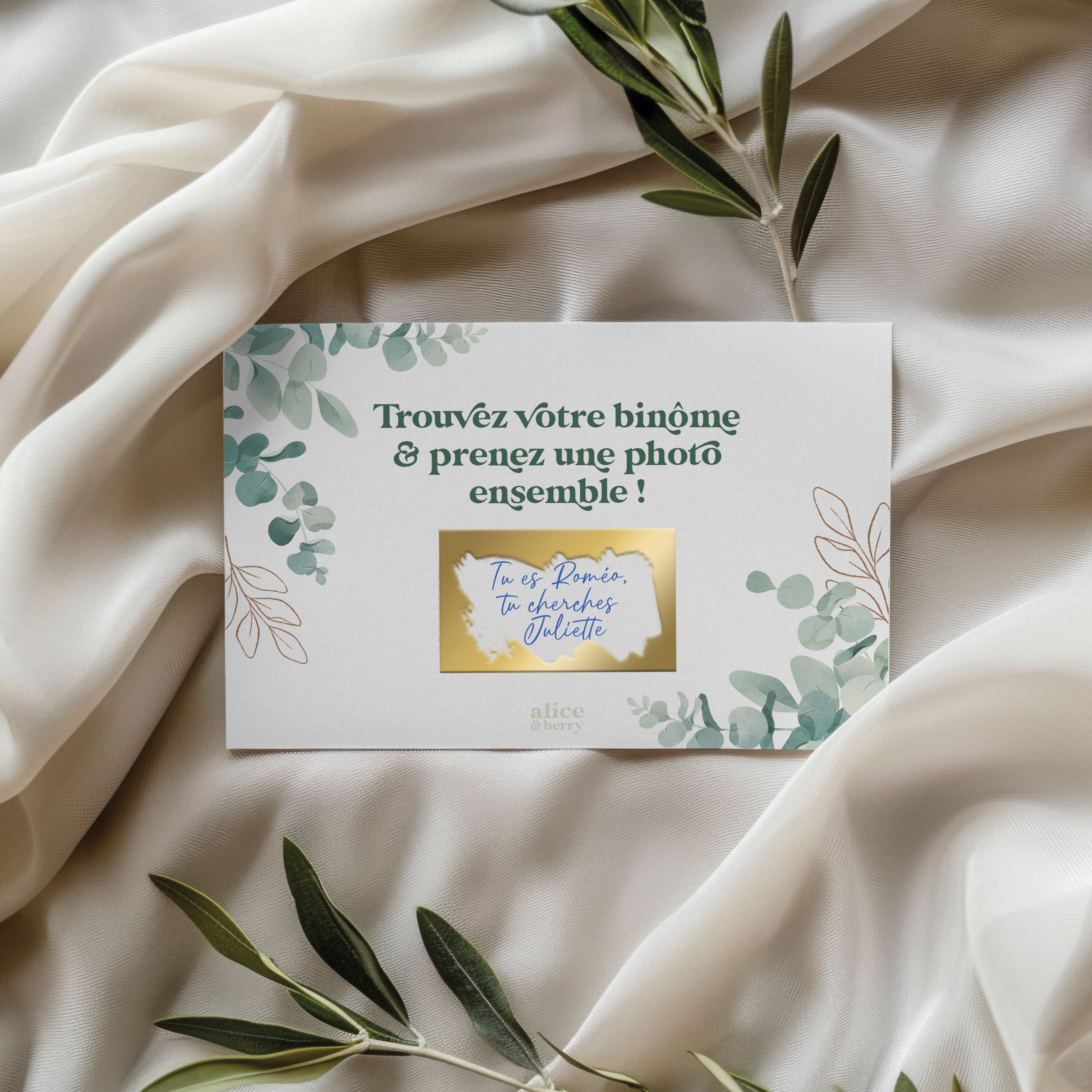 Jeu binômes mariage eucalyptus – 50 cartes à gratter photobooth