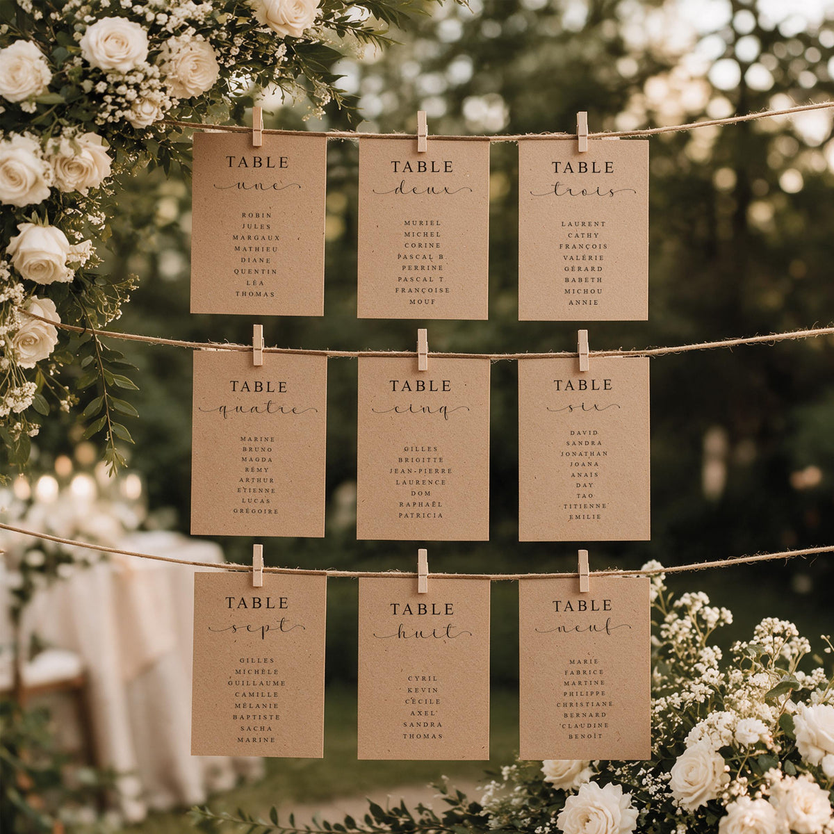 Cartes plan de table mariage kraft personnalisées