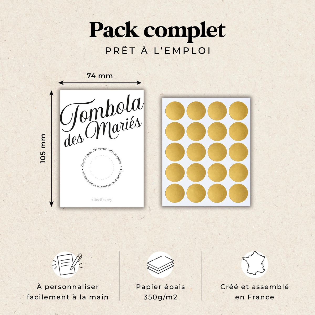 Tombola des mariés à gratter noir et blanc avec pastilles dorées