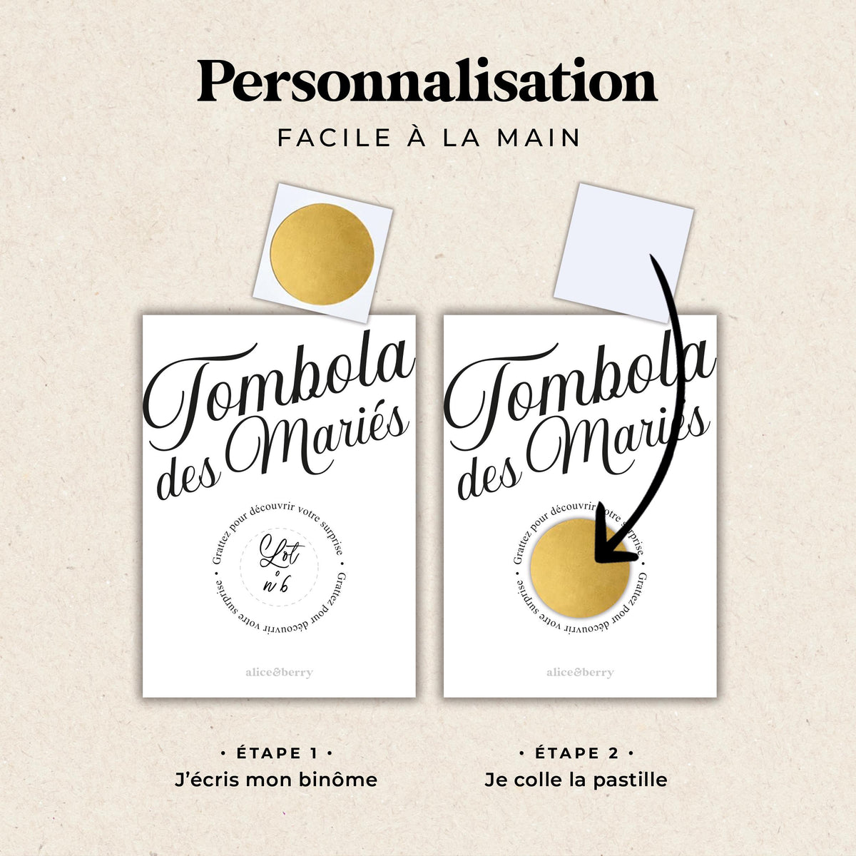 Tombola des mariés à gratter noir et blanc avec pastilles dorées