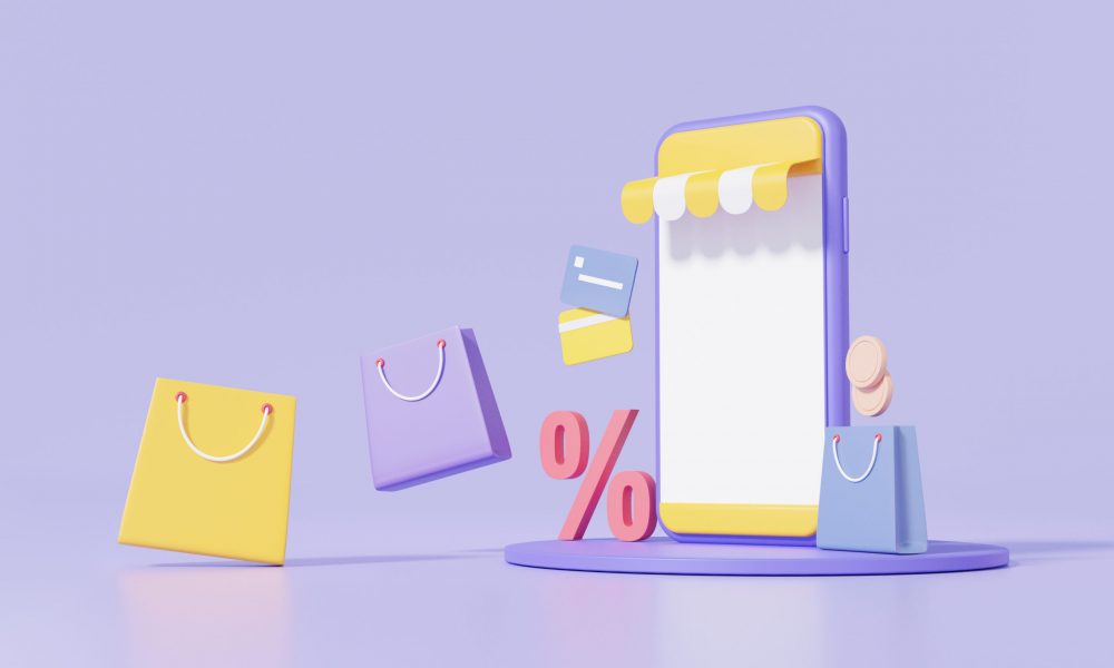 Mock up Smartphone Shopping online concept. Shopping bag floating and shop store on pastel background minimal, discount, promotion, sale, banner, customer website. 3d render illustration.
